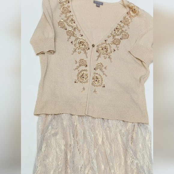 Ann Taylor Button Front Tan Silk Rayon Blend Embellished Cardigan- Women's Med - Picture 1 of 7